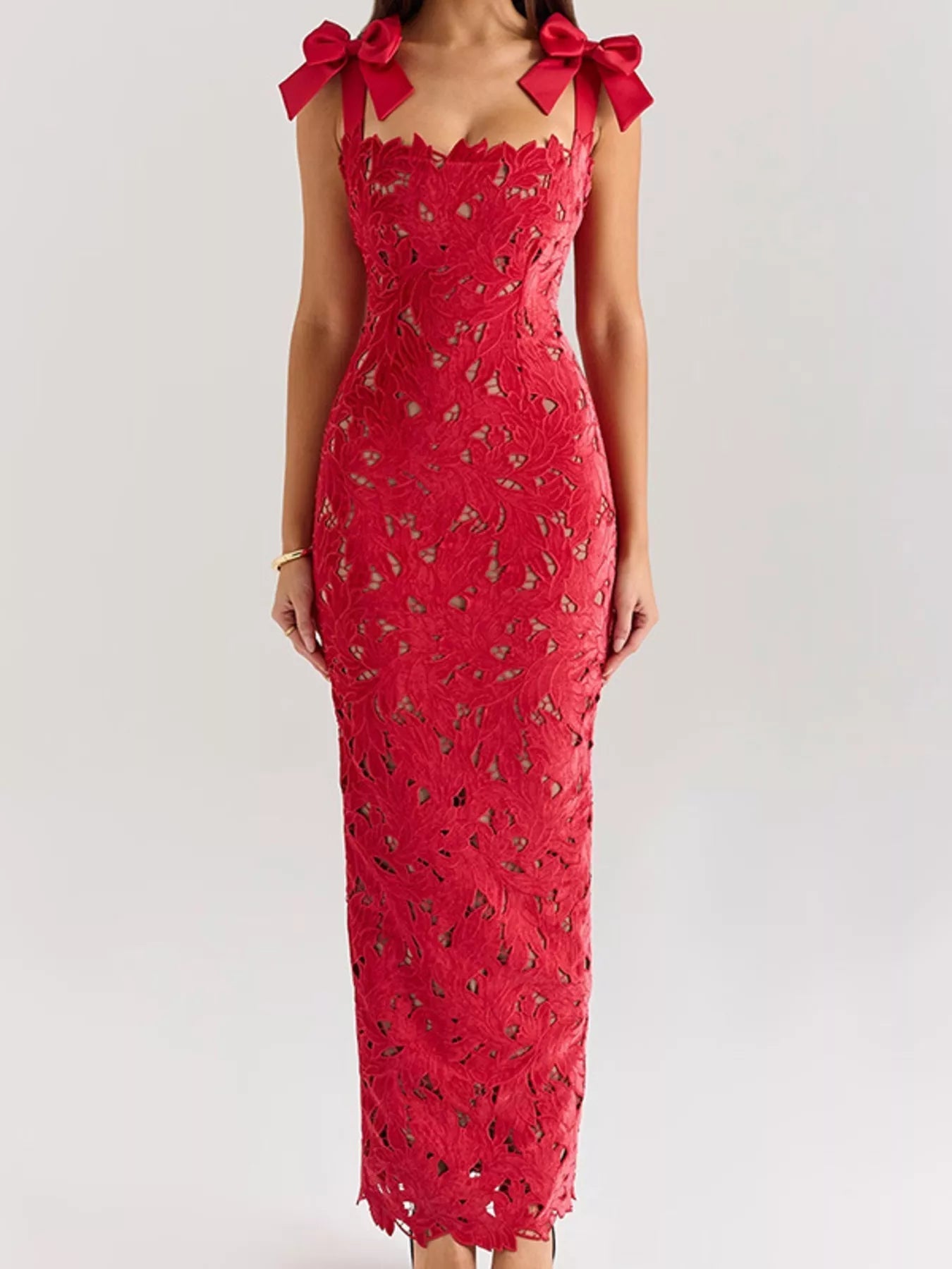 Velnora - Vestido elegante comprido com racha e amarração nos ombros
