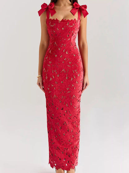 Velnora - Vestido elegante comprido com racha e amarração nos ombros