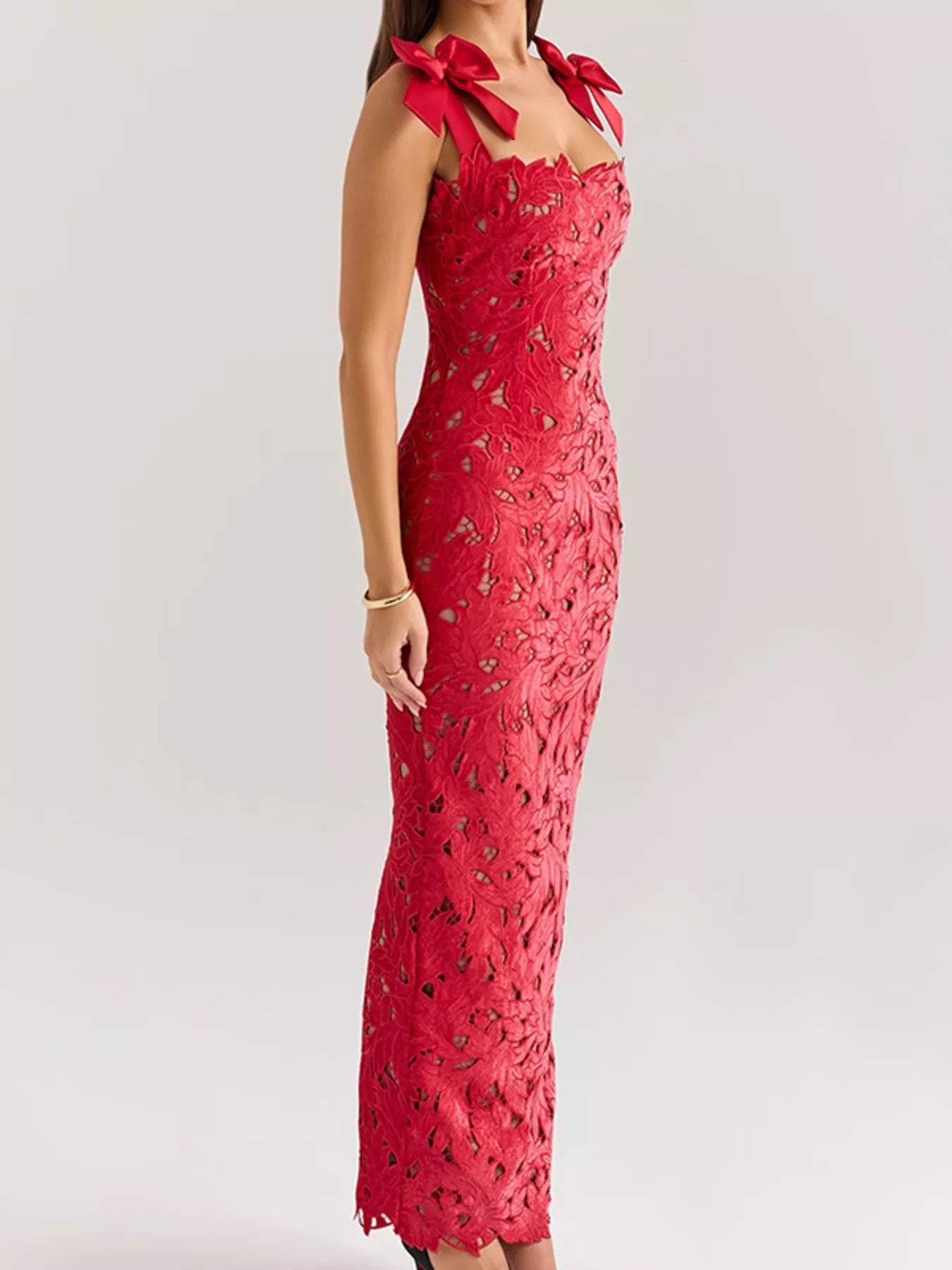 Velnora - Vestido elegante comprido com racha e amarração nos ombros