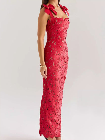 Velnora - Vestido elegante comprido com racha e amarração nos ombros