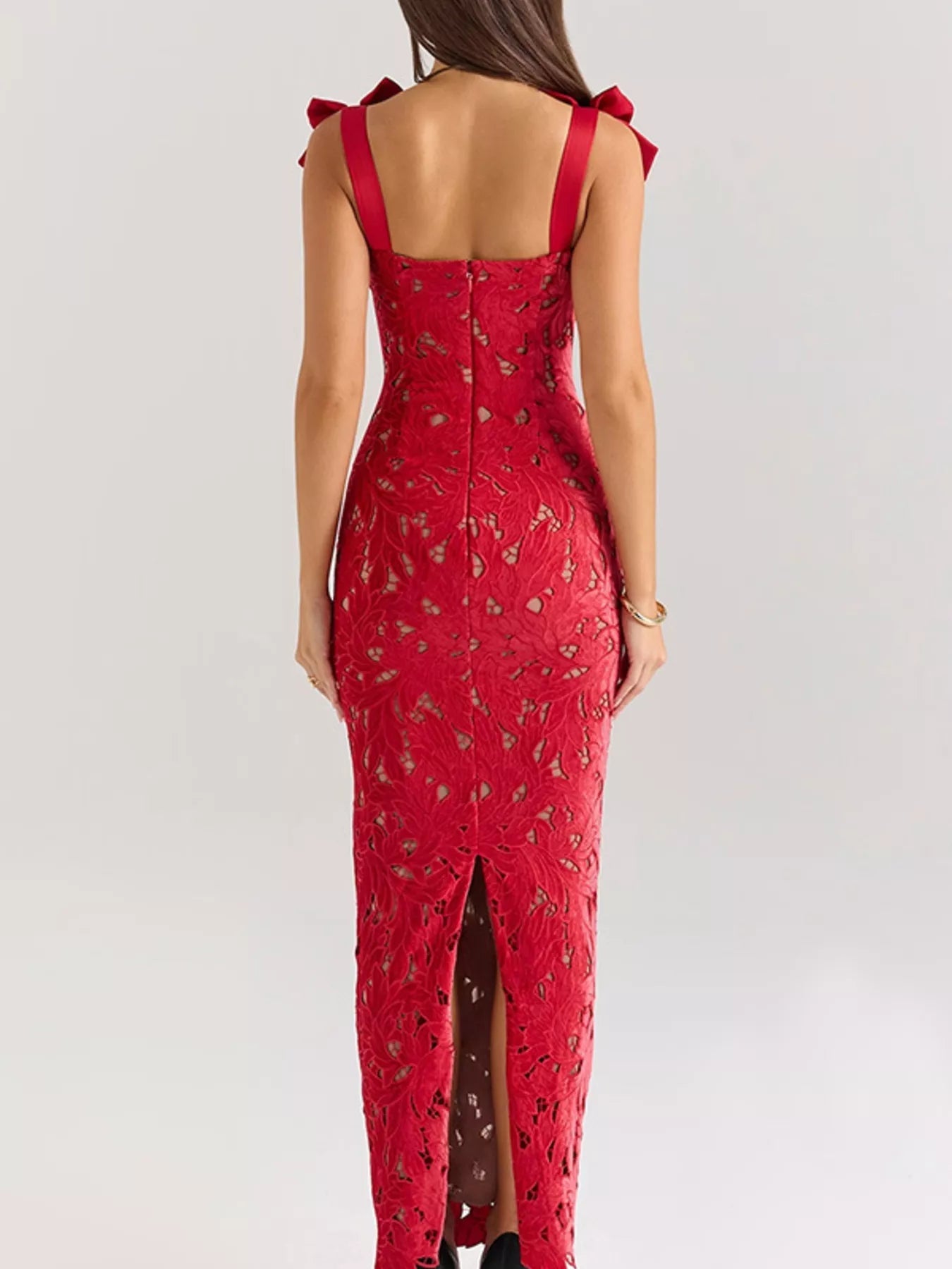 Velnora - Vestido elegante comprido com racha e amarração nos ombros
