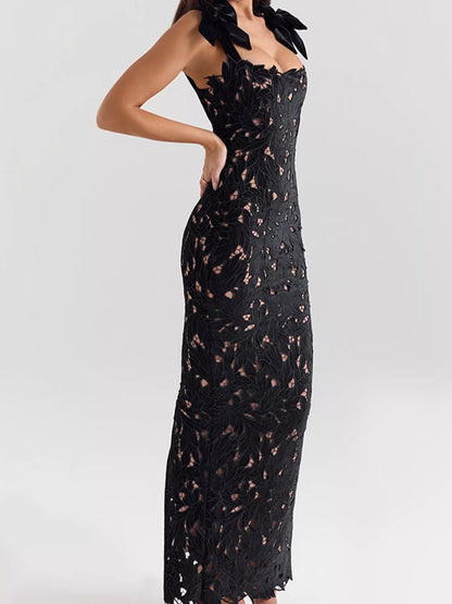 Velnora - Vestido elegante comprido com racha e amarração nos ombros