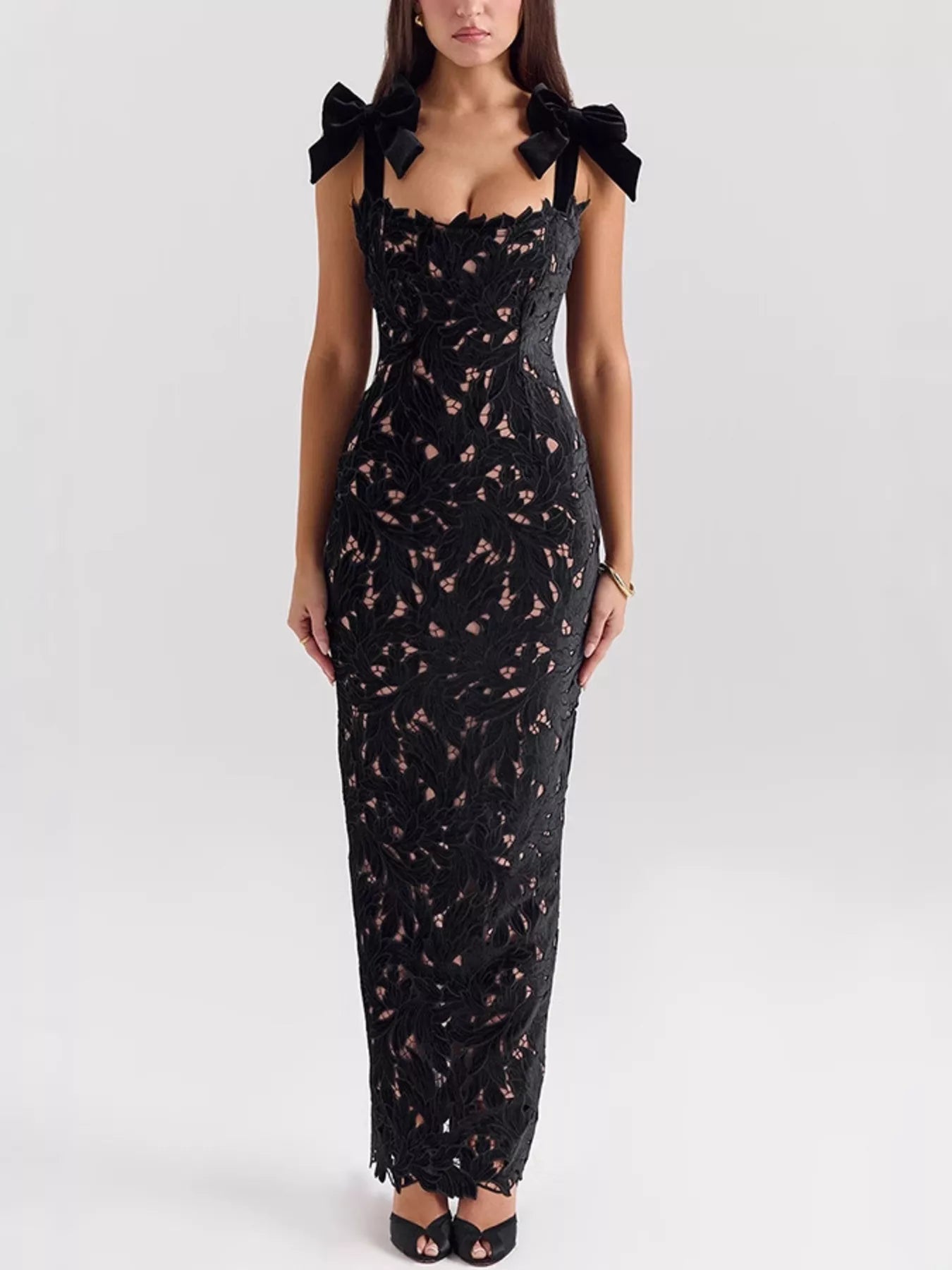 Velnora - Vestido elegante comprido com racha e amarração nos ombros