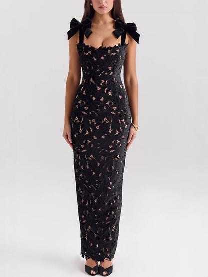 Velnora - Vestido elegante comprido com racha e amarração nos ombros
