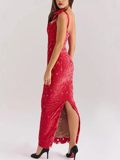 Velnora - Vestido elegante comprido com racha e amarração nos ombros