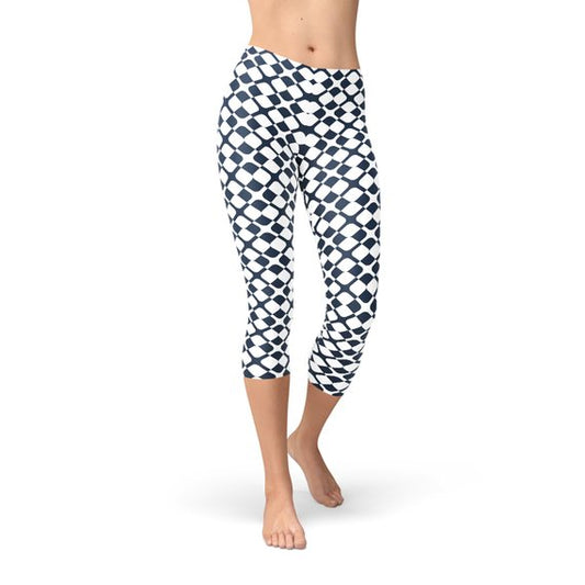 Velnora - Leggings Capri Femininas com Padrão Geométrico Azul