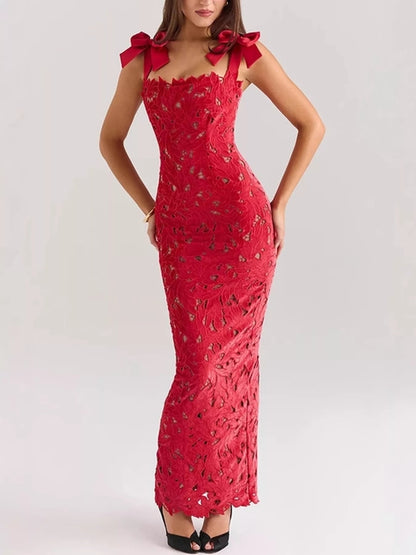 Velnora - Vestido elegante comprido com racha e amarração nos ombros