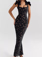 Velnora - Vestido elegante comprido com racha e amarração nos ombros